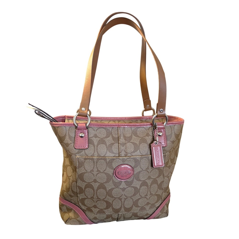 Coach Signature Monogram Tote Bag Khaki Pink Patent Leather Trim Shoulder Bag